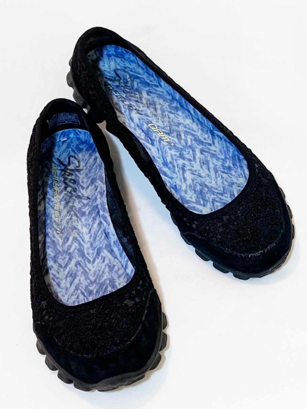 Skechers EZ Flex 2 Flighty Black Crochet Lace Memory Foam Slip-On Flats, size 6